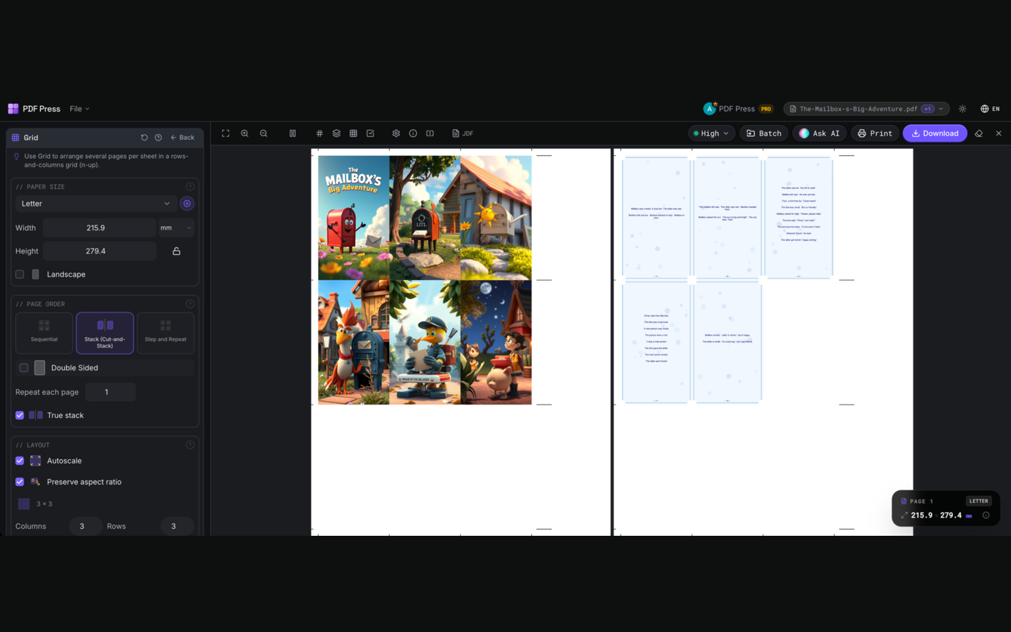 Grid in PDF Press imposition software (Cut-and-Stack Order configuration) — options panel beside the live imposed sheet