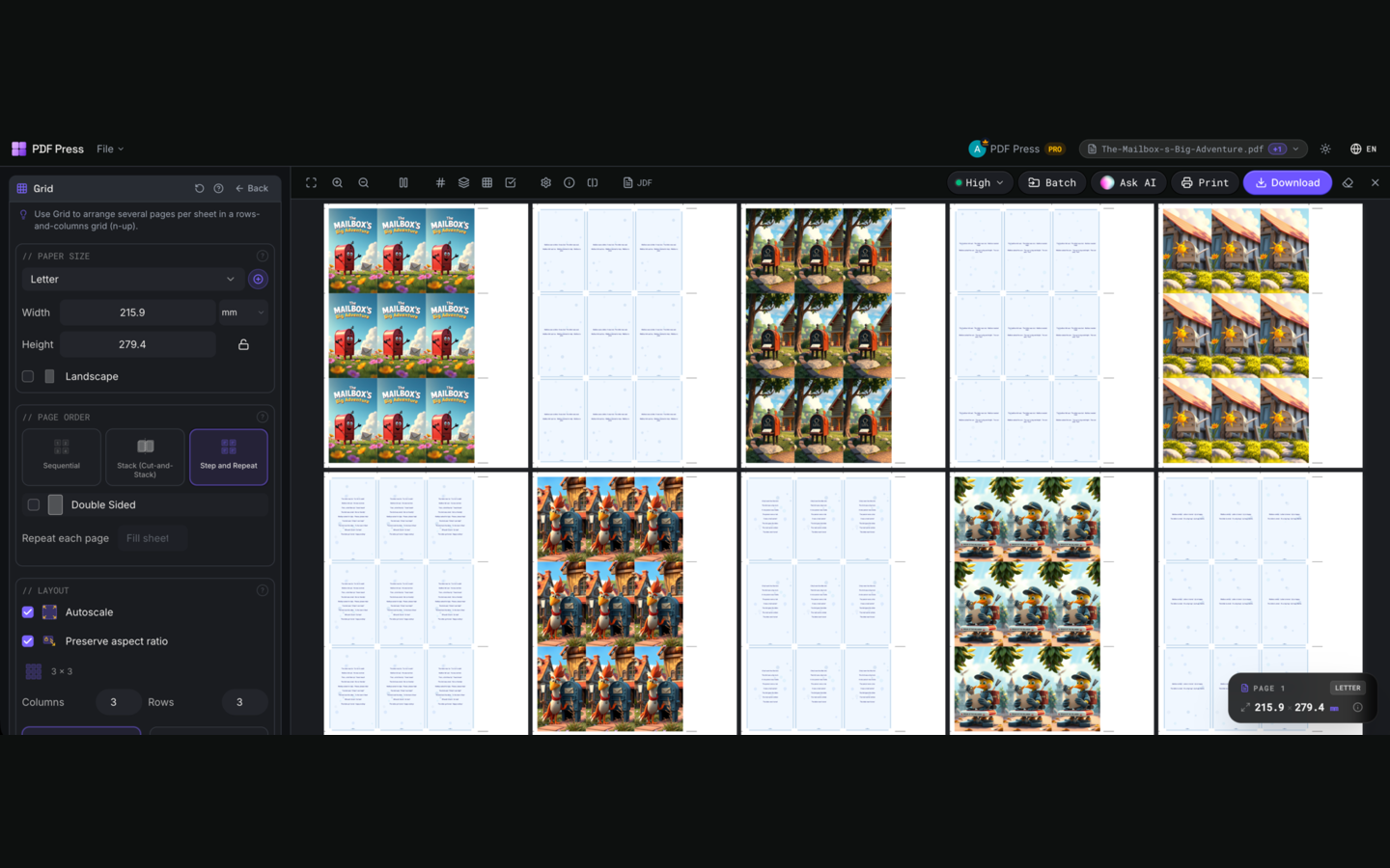 Grid in PDF Press imposition software (Step and Repeat configuration) — options panel beside the live imposed sheet
