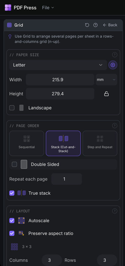 Grid settings panel in PDF Press imposition software (Cut-and-Stack Order configuration)