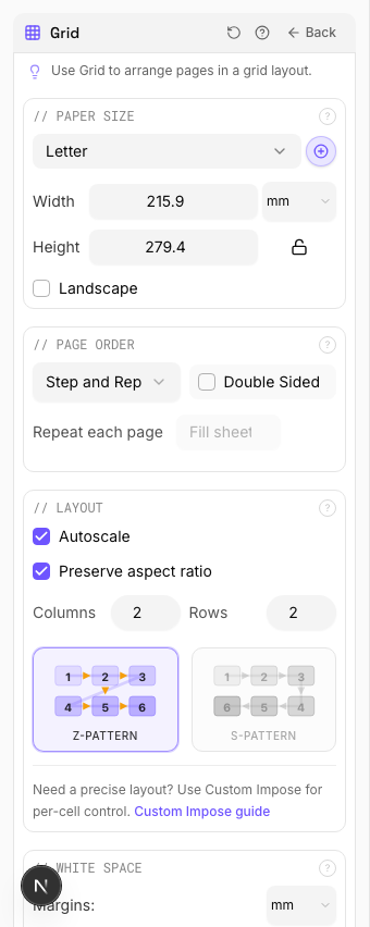 Grid settings panel in PDF Press imposition software (Step and Repeat configuration)