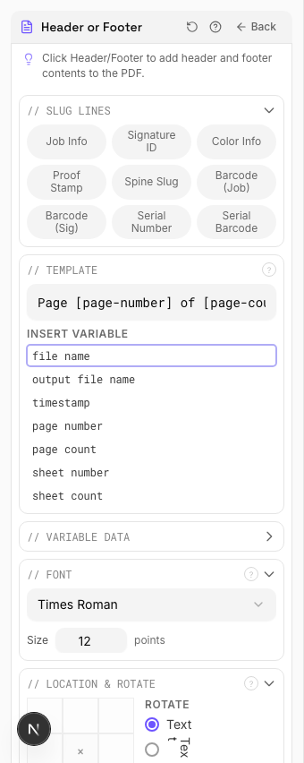 Header or Footer settings panel in PDF Press imposition software (Page Numbers Added configuration)