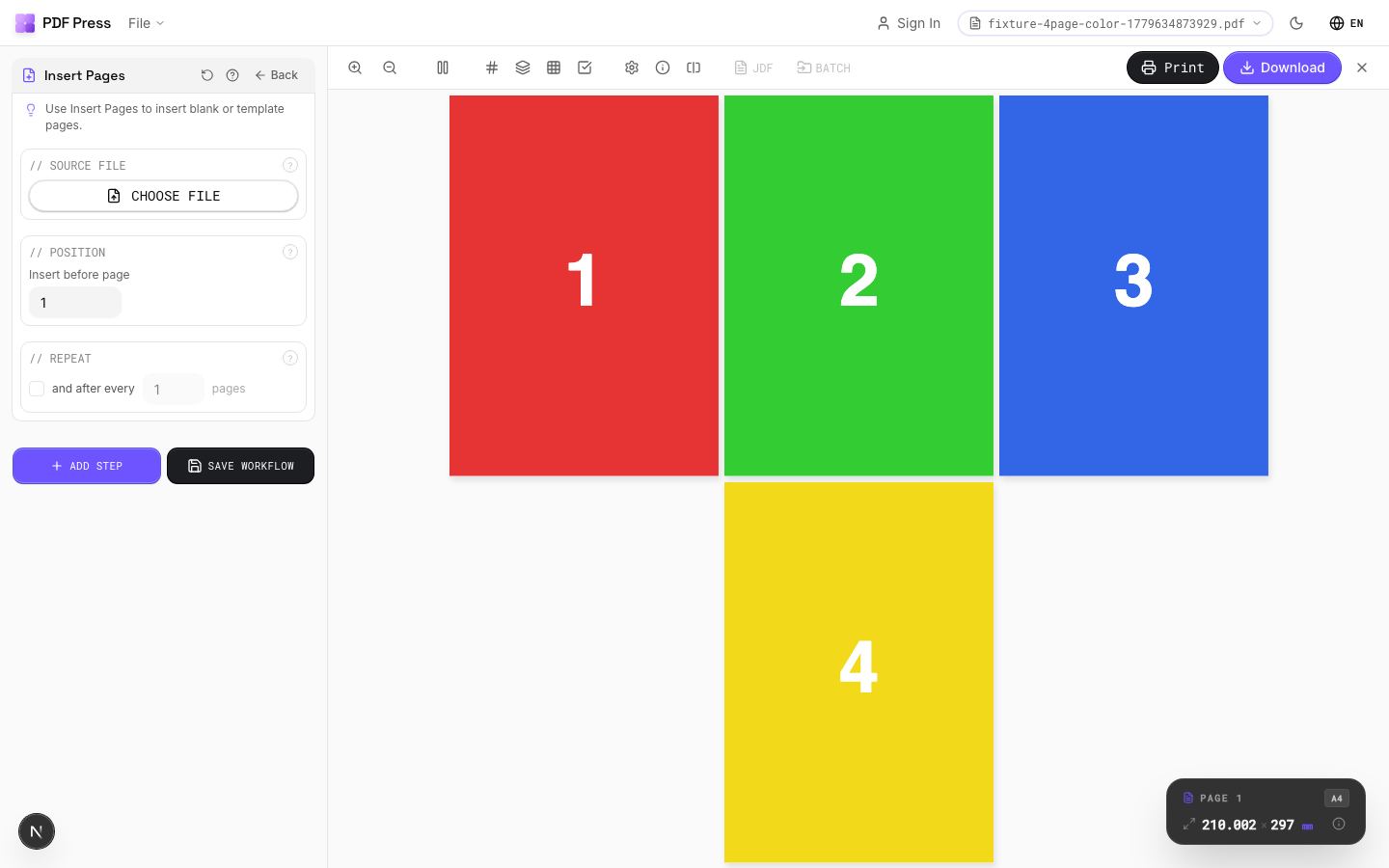Insert Pages in PDF Press imposition software — options panel beside the live imposed sheet