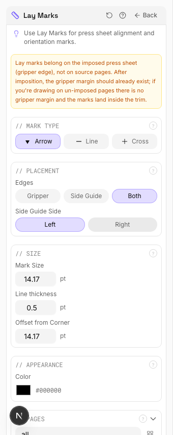 Lay Marks settings panel in PDF Press imposition software (Lay Marks Applied configuration)