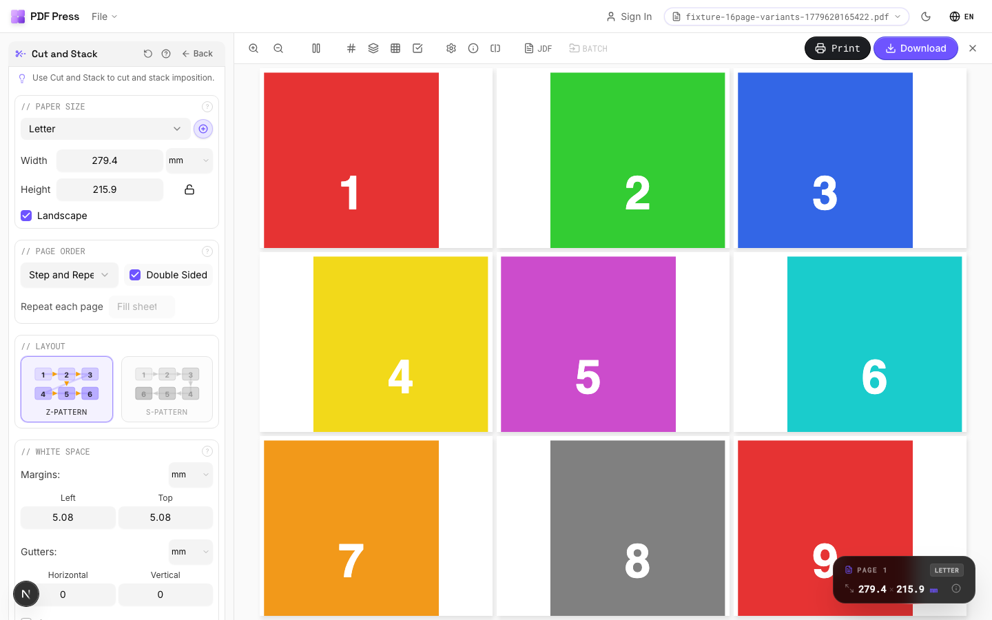 Tile Pages in PDF Press imposition software (Double Sided configuration) — options panel beside the live imposed sheet