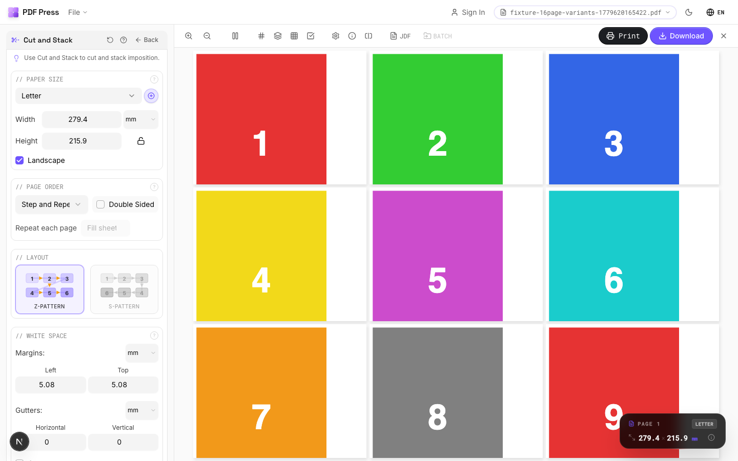 Tile Pages in PDF Press imposition software (Landscape Paper configuration) — options panel beside the live imposed sheet