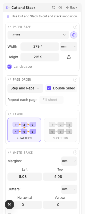 Tile Pages settings panel in PDF Press imposition software (Double Sided configuration)