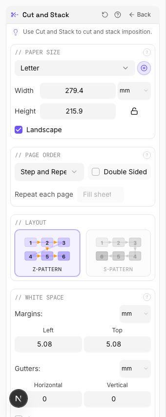 Tile Pages settings panel in PDF Press imposition software (Landscape Paper configuration)