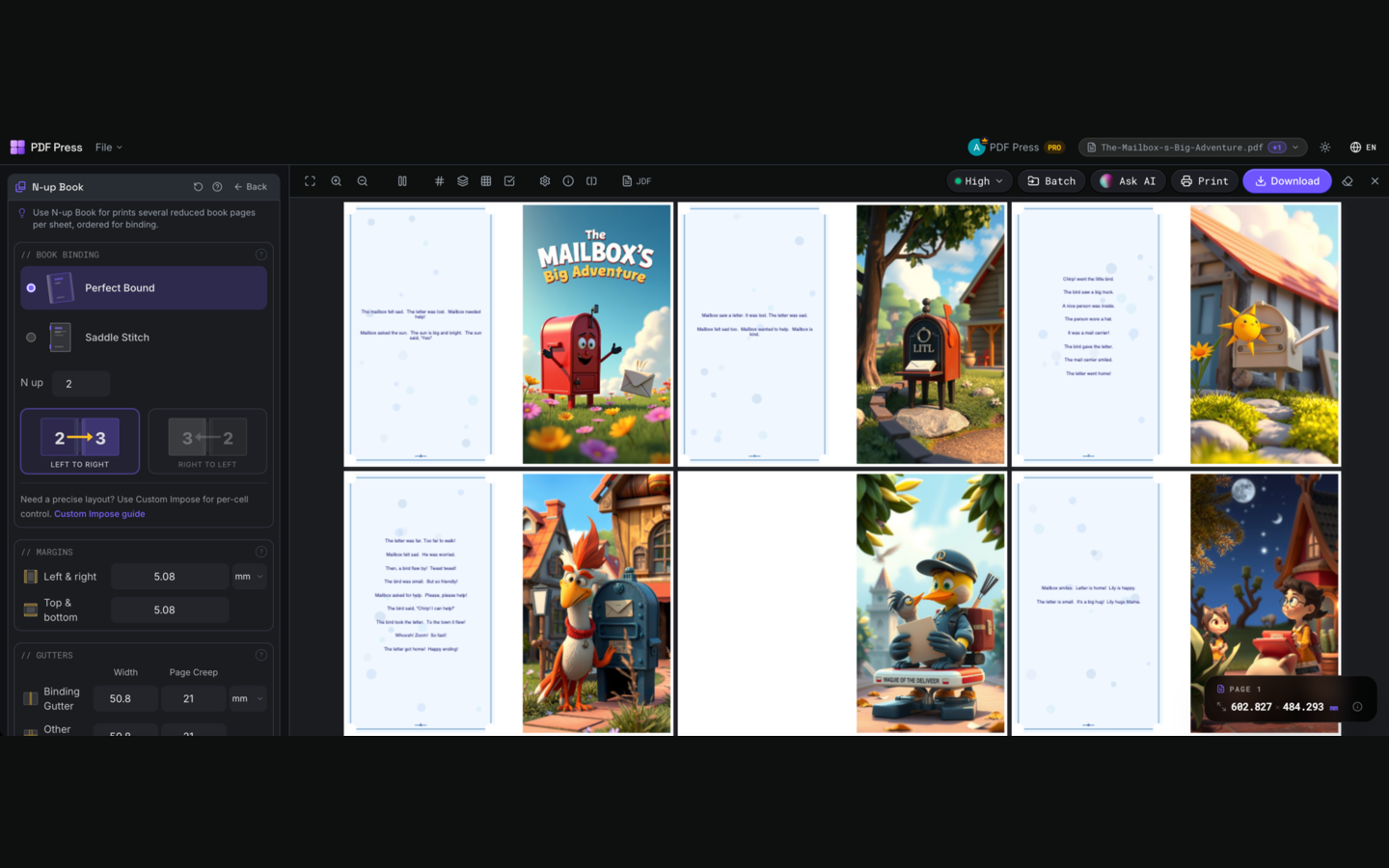 N-up Book in PDF Press imposition software — options panel beside the live imposed sheet
