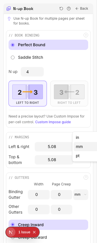 N-up Book settings panel in PDF Press imposition software (8-Up Signatures (Octavo) configuration)