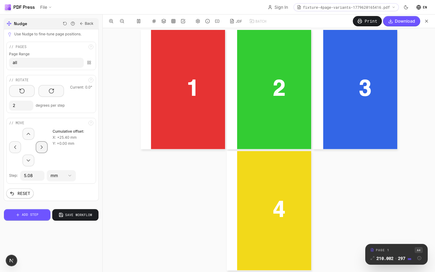 Nudge in PDF Press imposition software (Page Shifted Right configuration) — options panel beside the live imposed sheet