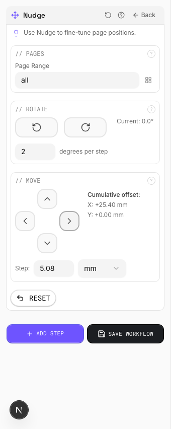 Nudge settings panel in PDF Press imposition software (Page Shifted Right configuration)