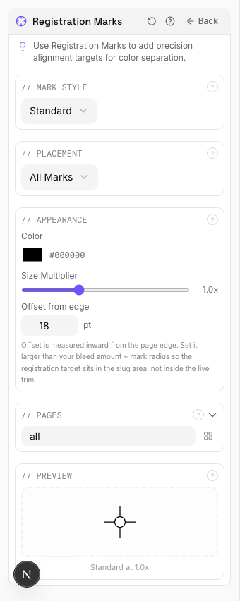 Registration Marks settings panel in PDF Press imposition software (Registration Marks Applied configuration)