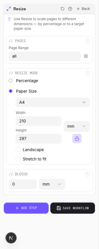 Resize settings panel in PDF Press imposition software (Resize to A4 Paper configuration)