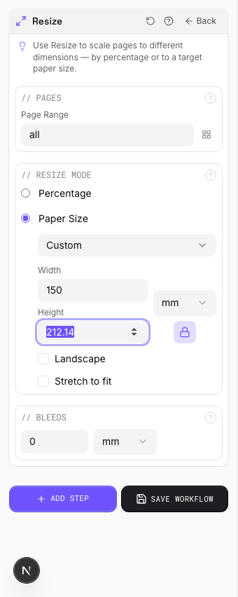 Resize settings panel in PDF Press imposition software (150% Scale configuration)