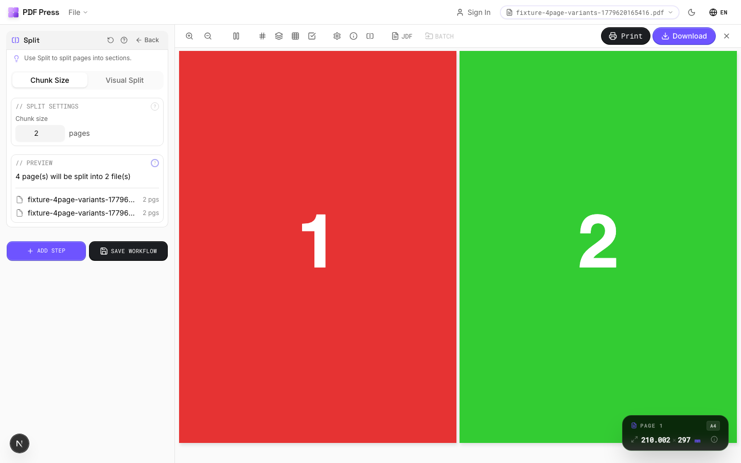 Split in PDF Press imposition software (Split into 2-Page Chunks configuration) — options panel beside the live imposed sheet