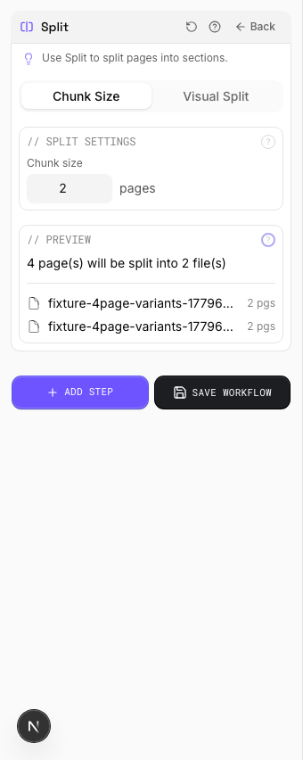 Split settings panel in PDF Press imposition software (Split into 2-Page Chunks configuration)
