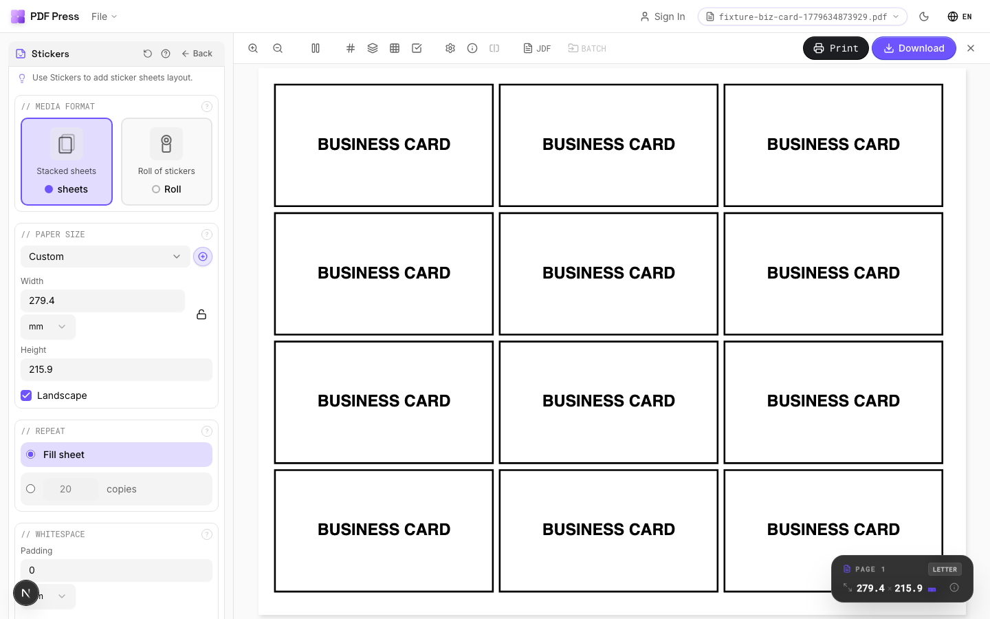Stickers in PDF Press imposition software — options panel beside the live imposed sheet