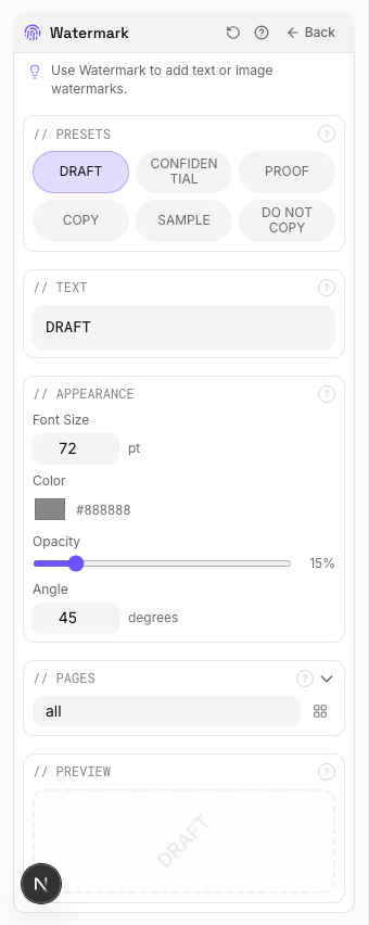 Watermark settings panel in PDF Press imposition software (DRAFT Watermark configuration)