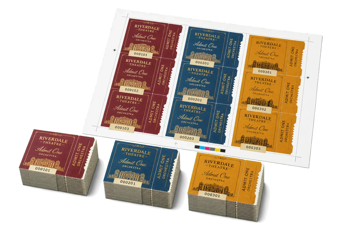 3-Up Numbered Tickets imposed sheet and finished print example