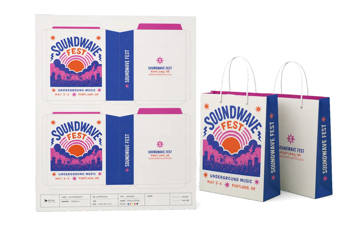 Shopping Bag Flat 2-Up imposed sheet and finished print example