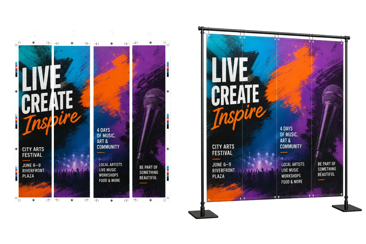 Banner Tiles 4-Up (24×36" panels) realistic print production example