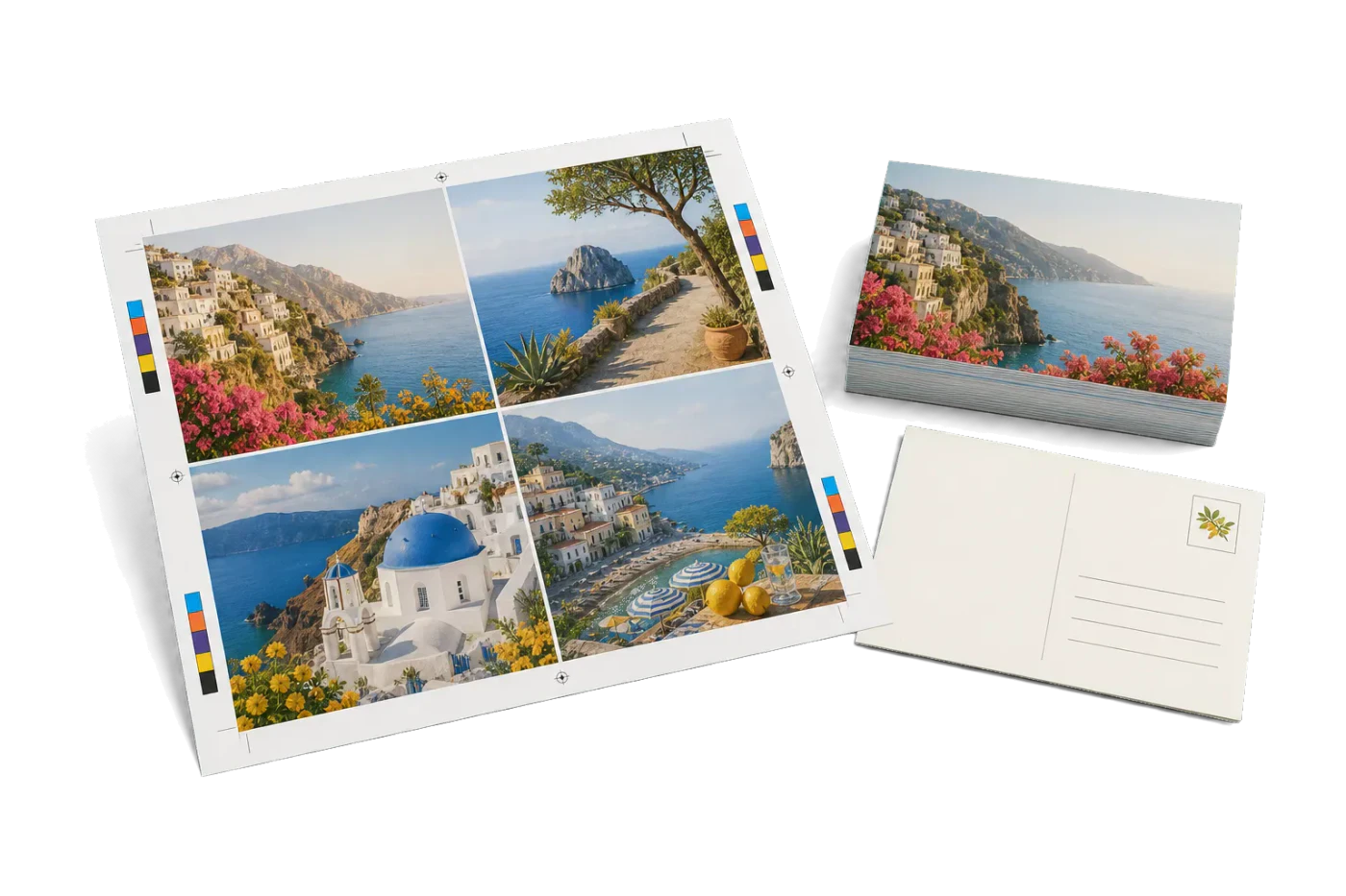 Full-Bleed Postcards (4-Up + Bleed) imposed sheet and finished print example