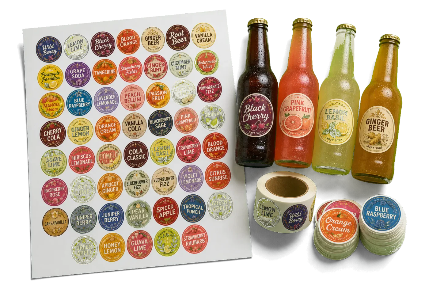 Bottle Cap Labels (Nested) imposed sheet and finished print example