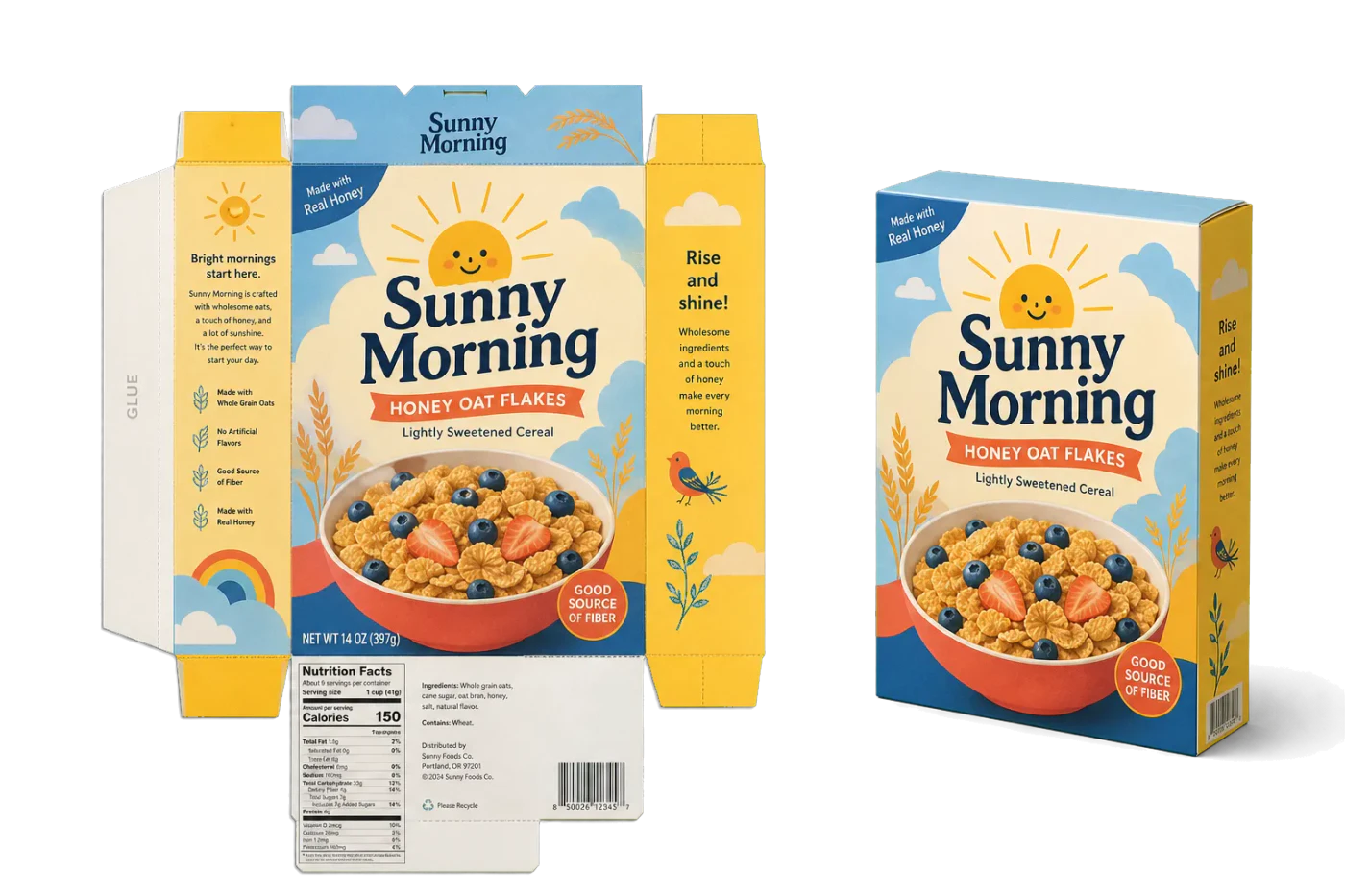 Cereal Box Flat imposed sheet and finished print example