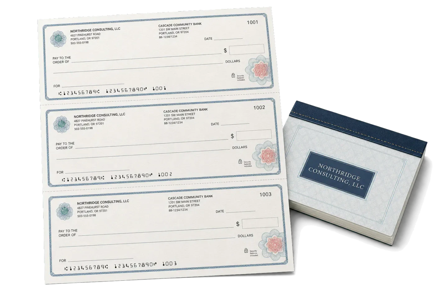 Business Checks (3-Up) realistic print production example
