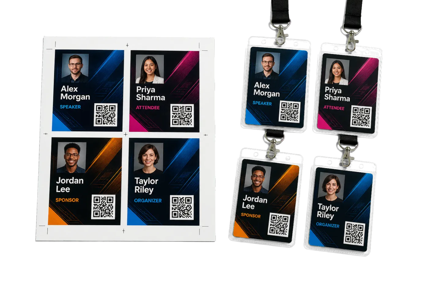 Conference Badges (QR) realistic print production example