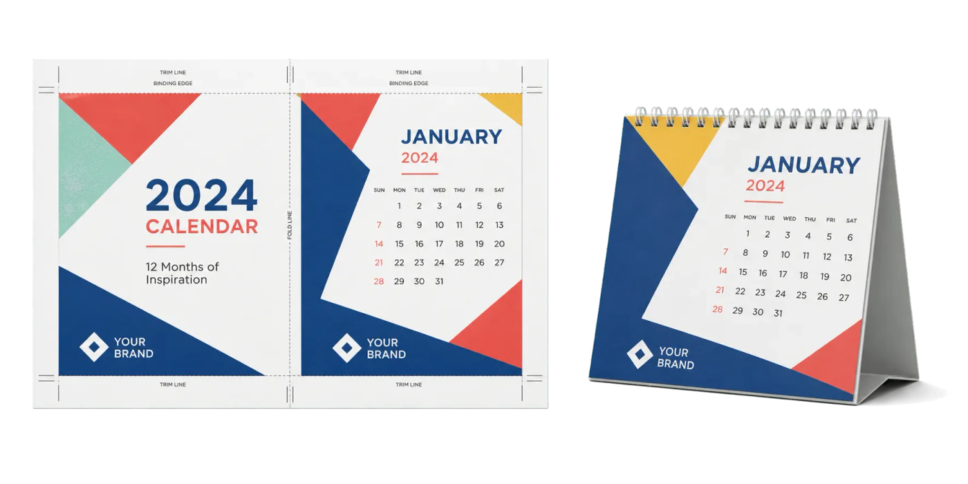Desk Calendar (Tent Style) imposed sheet and finished print example