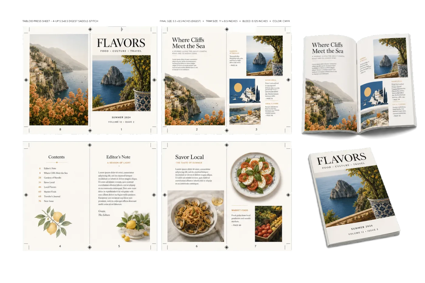 Digest Magazine (5.5×8.5") imposed sheet and finished print example