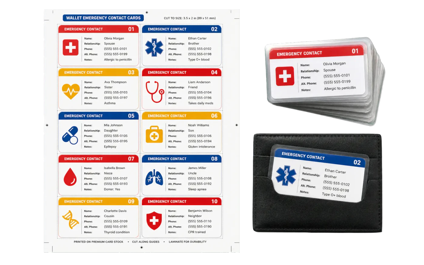 Emergency Contact Cards (10-Up) realistic print production example