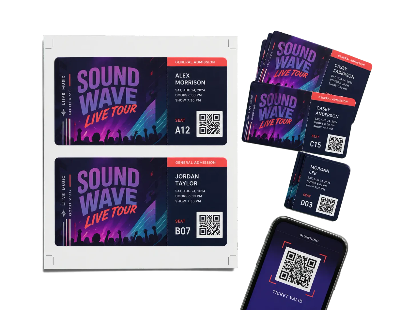 Event Tickets (QR Code) realistic print production example