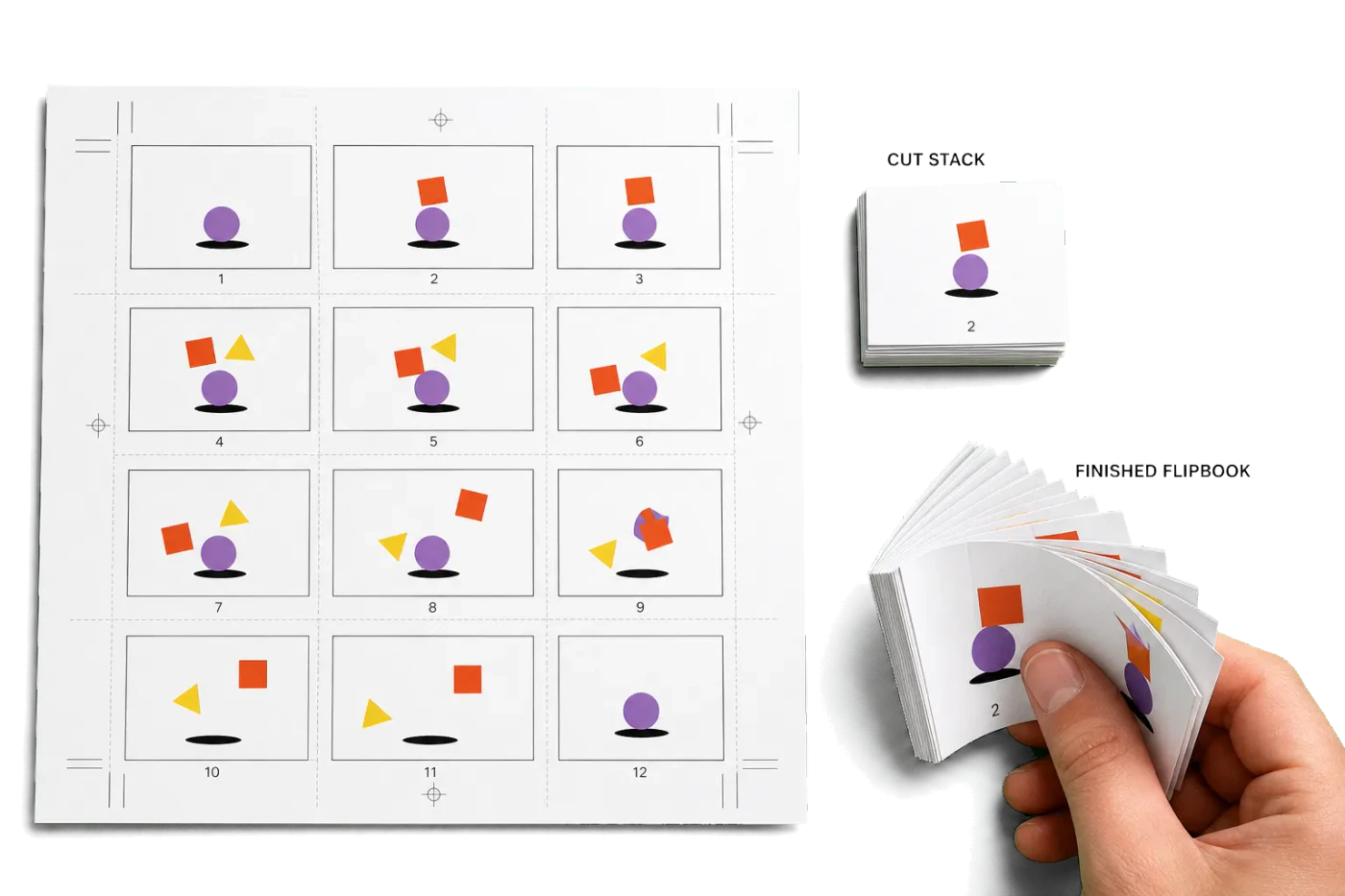 Flipbook Frames (12-Up Sequential) imposed sheet and finished print example