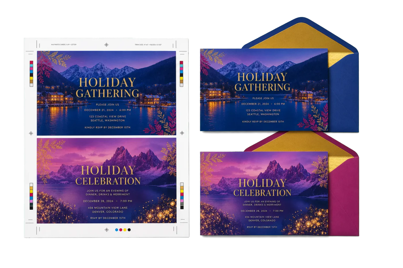 Full-Bleed Photo Cards (4×6) imposed sheet and finished print example
