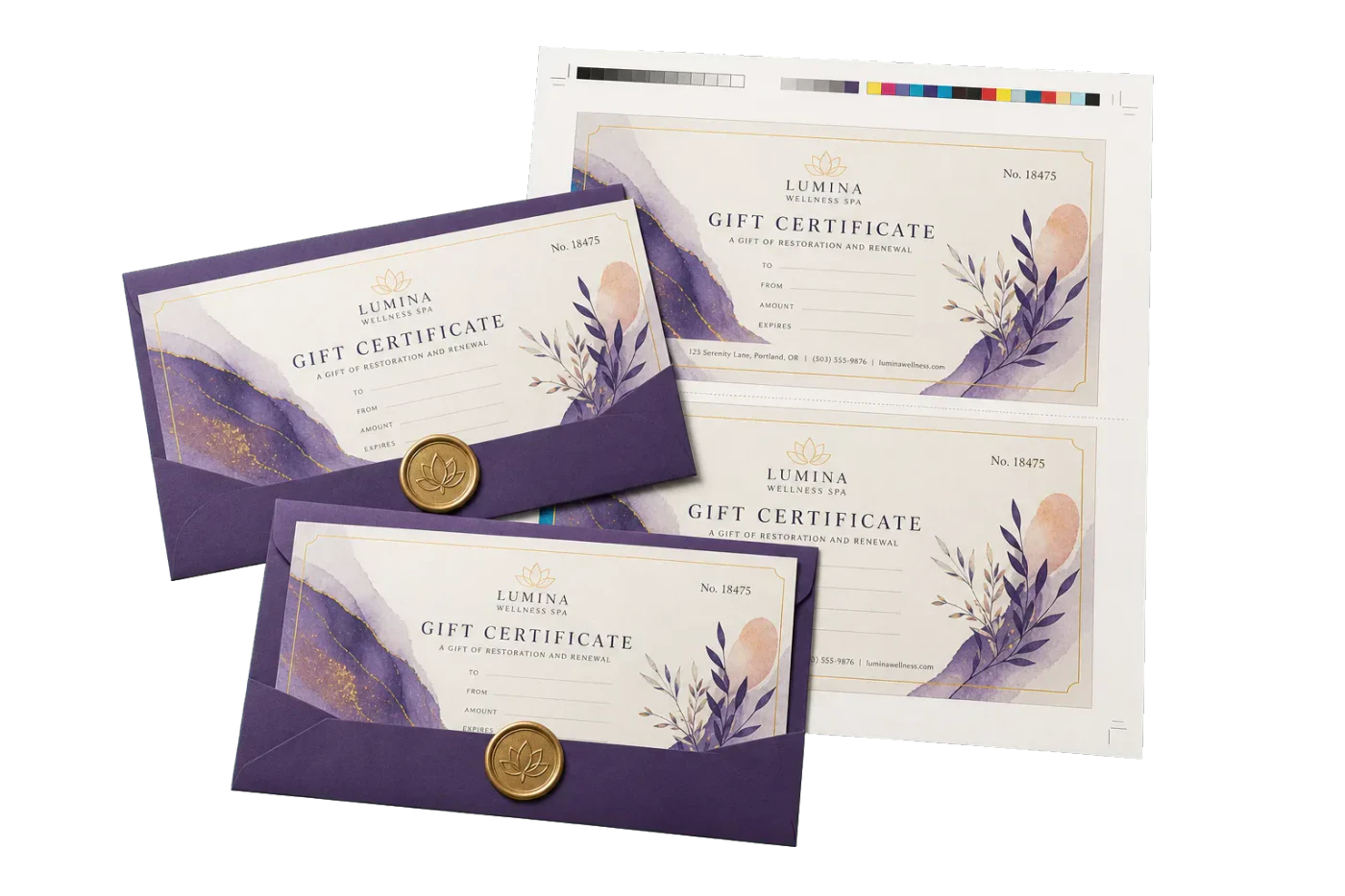 2-Up Gift Certificates (5×7") realistic print production example