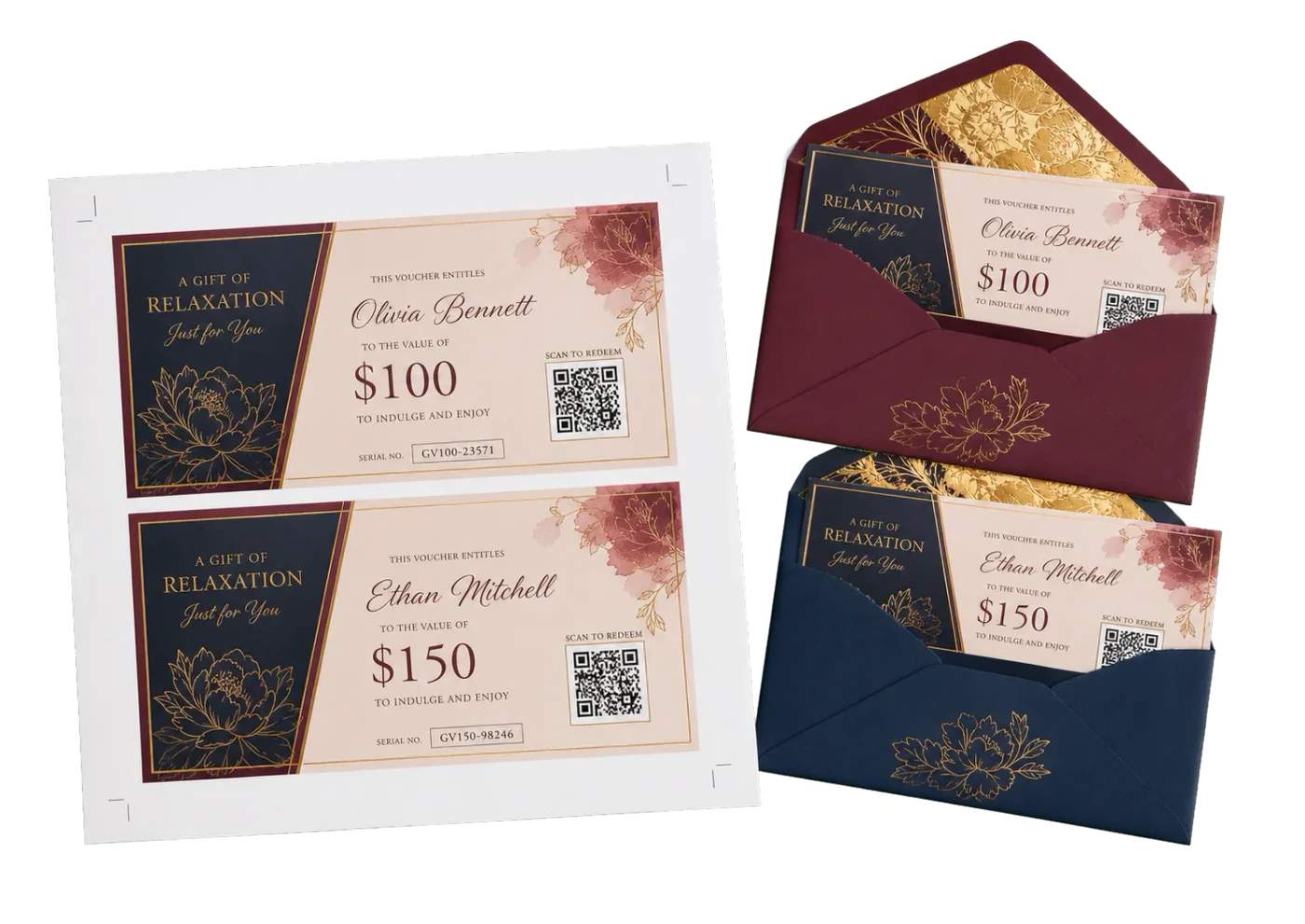 Gift Vouchers (QR Code) imposed sheet and finished print example