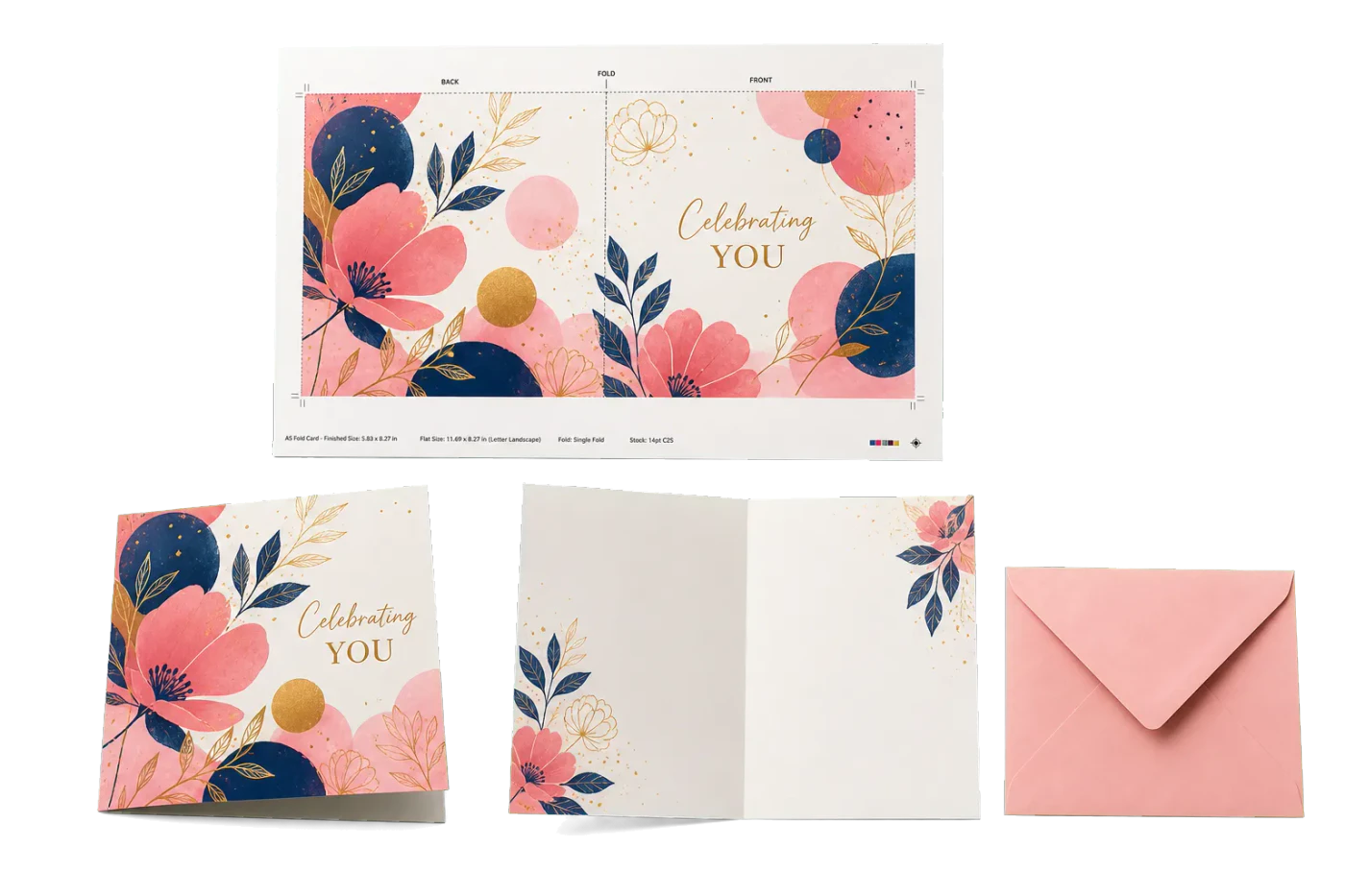 Greeting Card (A5 Fold) imposed sheet and finished print example