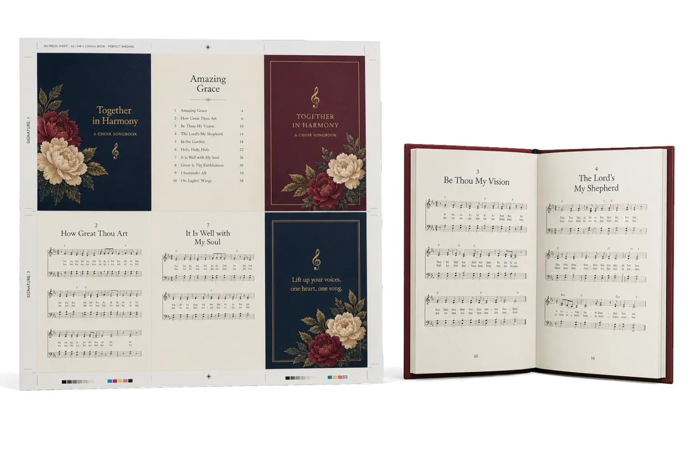 Hymnal / Songbook (A5) imposed sheet and finished print example
