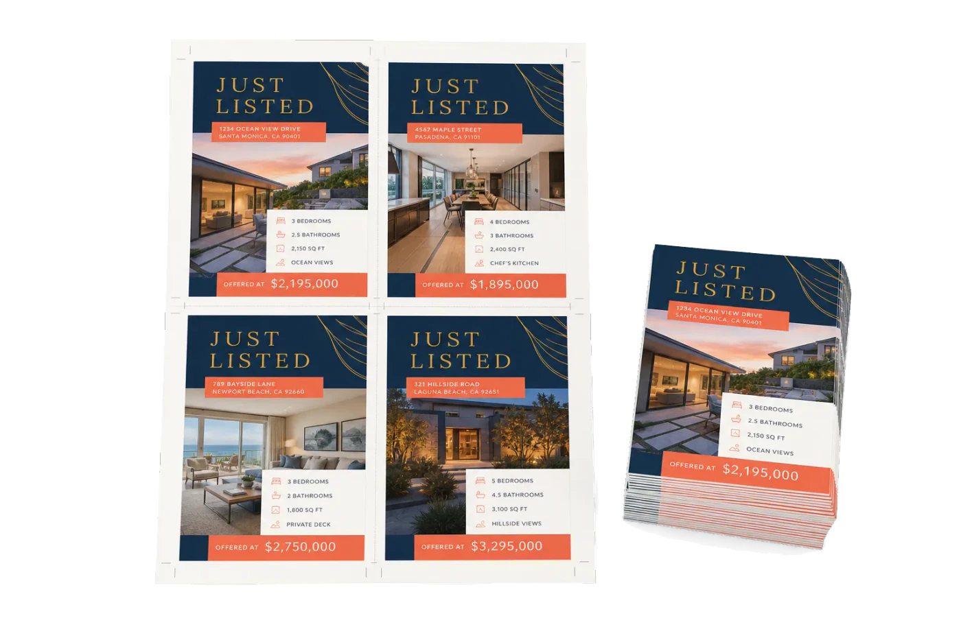 Just-Listed Flyer 4-Up (4.25×5.5") realistic print production example