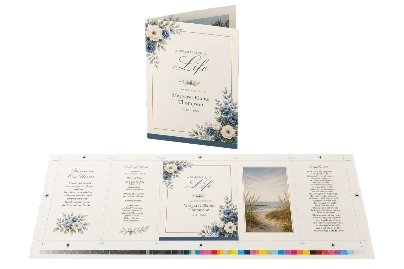 Memorial Service Program imposed sheet and finished print example