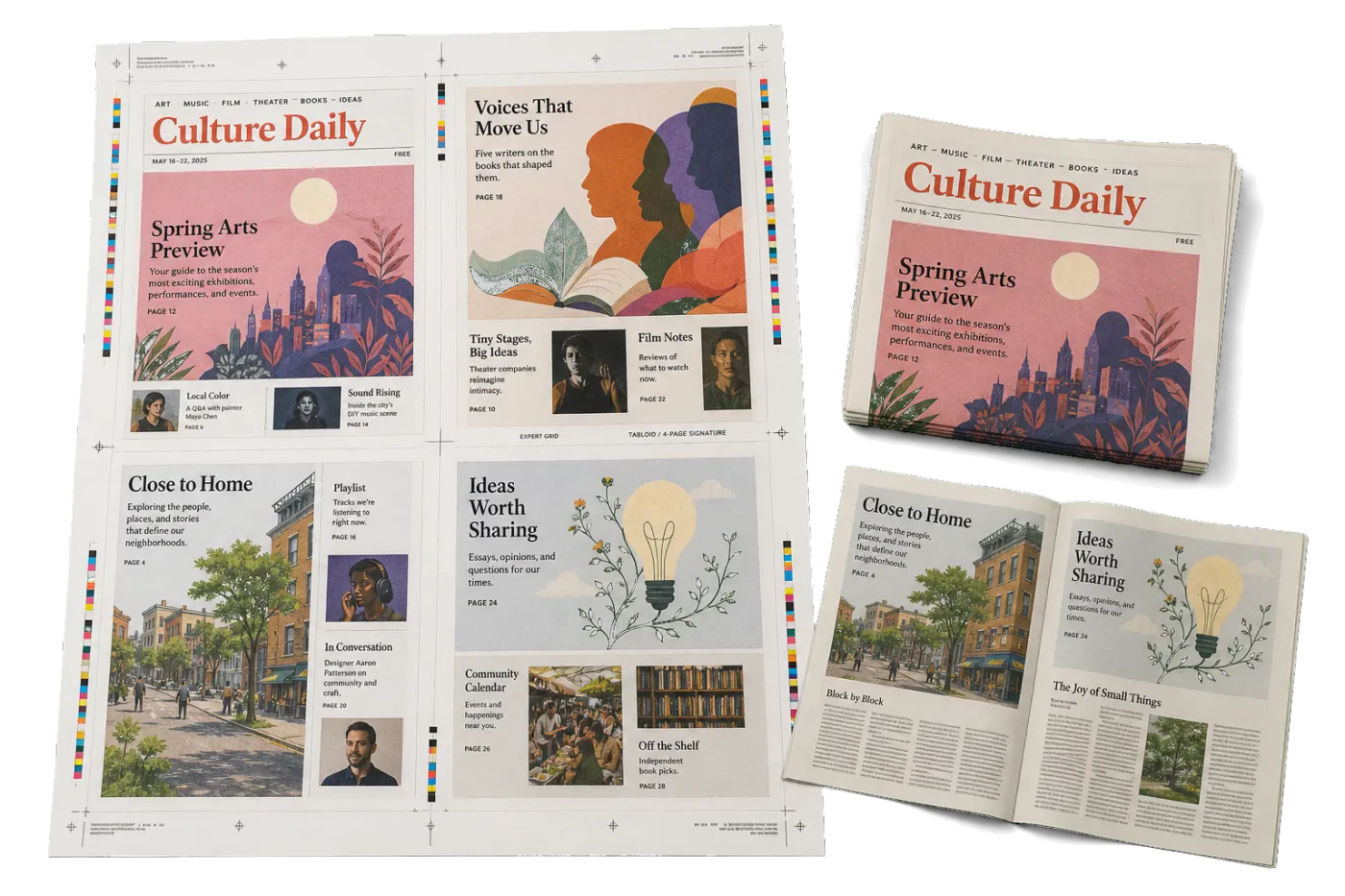 Newspaper Tabloid Signature imposed sheet and finished print example