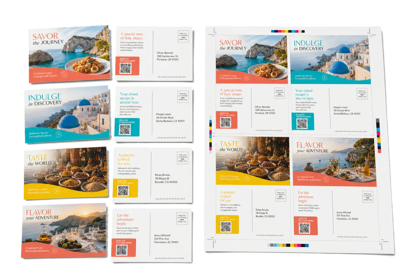 Personalized Direct-Mail Postcards (Duplex 4-Up) imposed sheet and finished print example