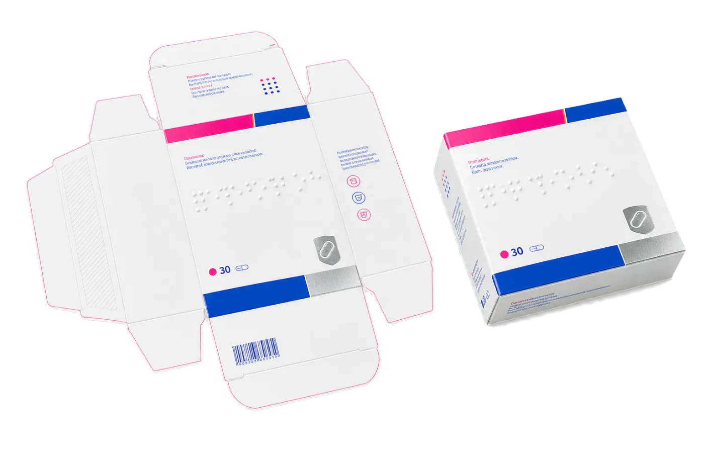 Pharmaceutical Carton with Braille + CutContour imposed sheet and finished print example
