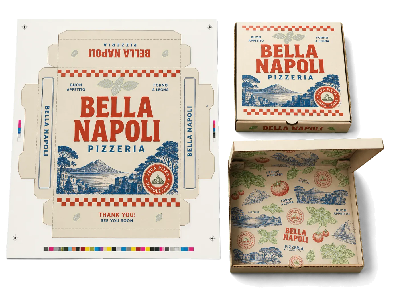 Pizza Box Lid (13×19") imposed sheet and finished print example