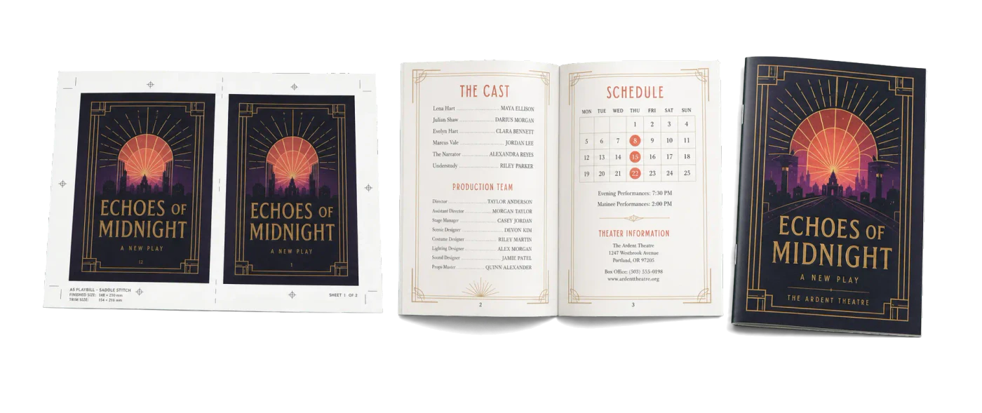 Playbill / Theater Program imposed sheet and finished print example
