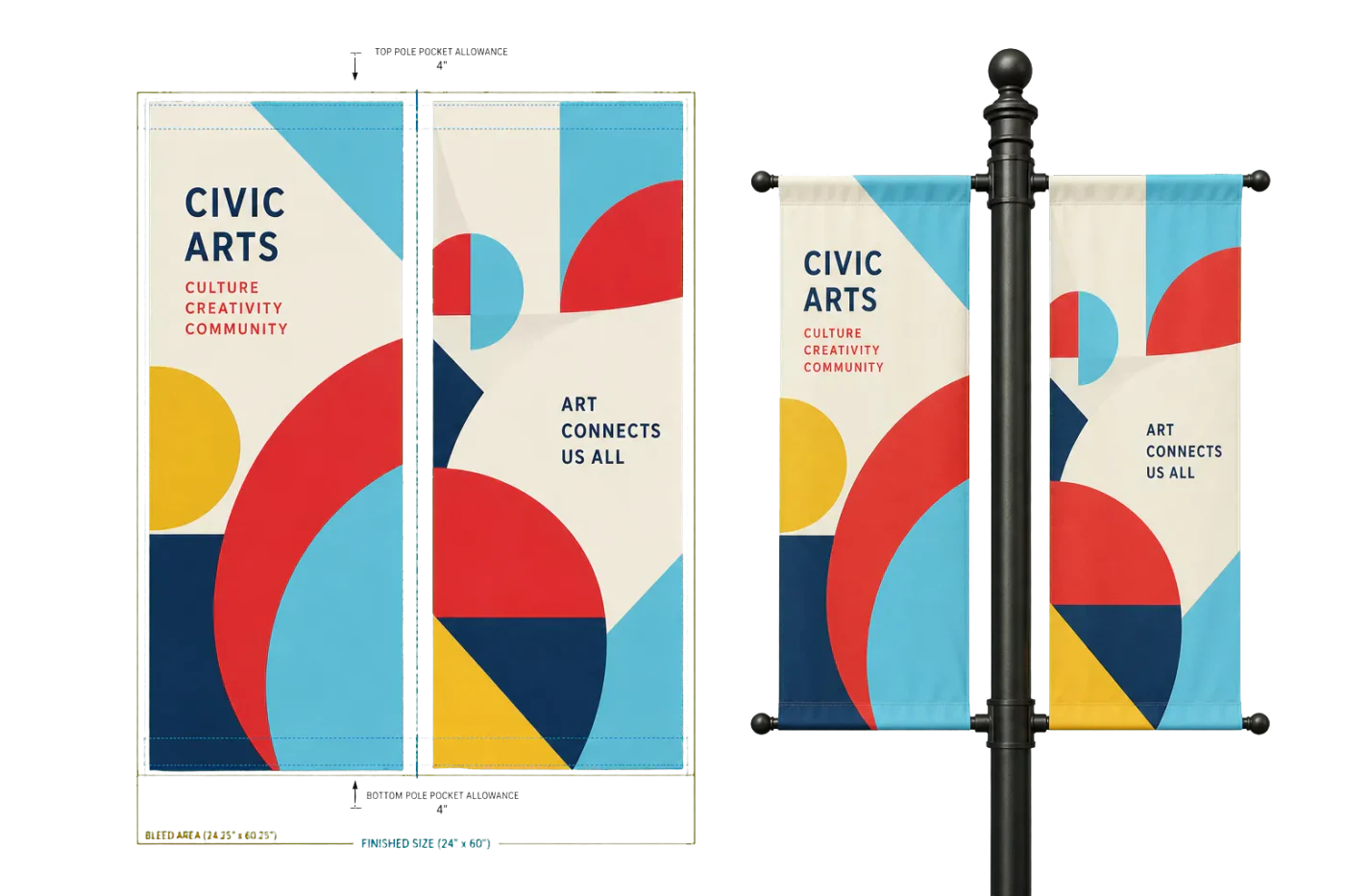 Street Pole Banner (24×60") imposed sheet and finished print example