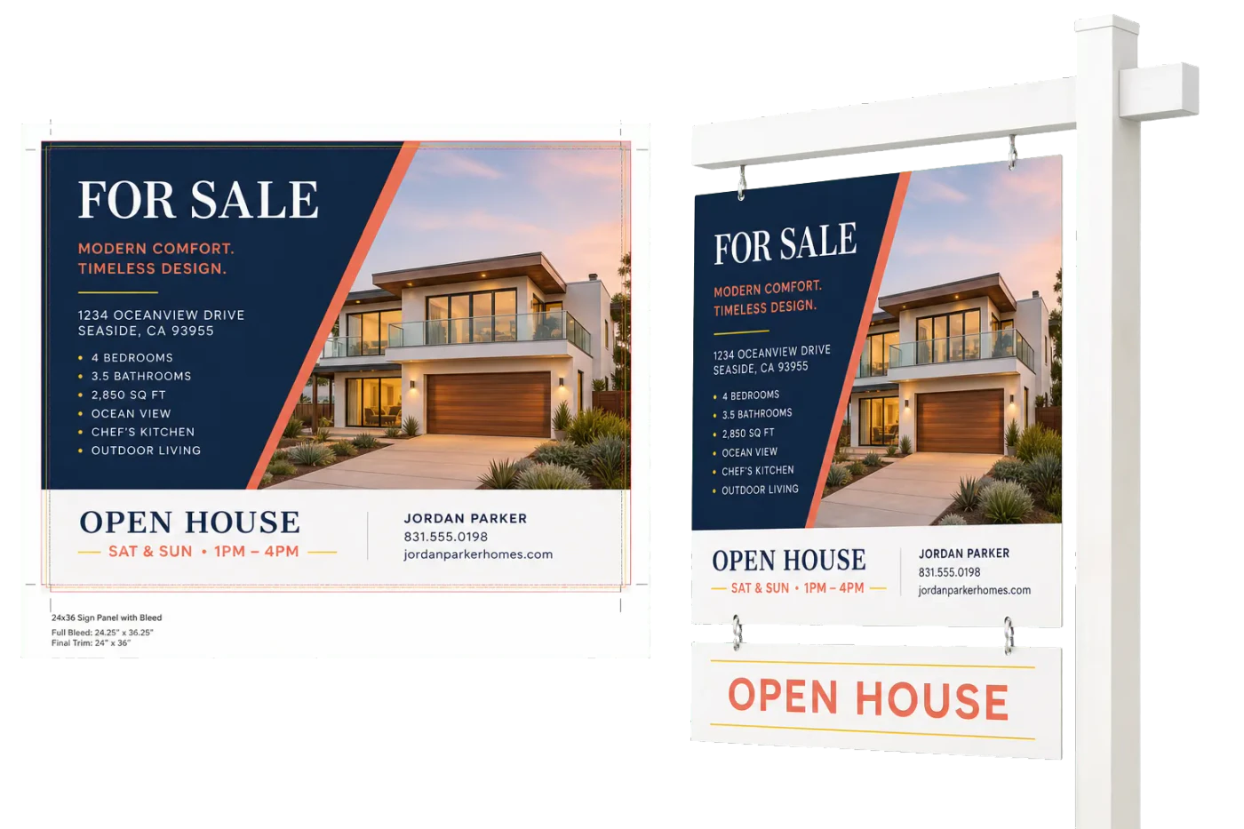 Real Estate Signs (24×36") realistic print production example
