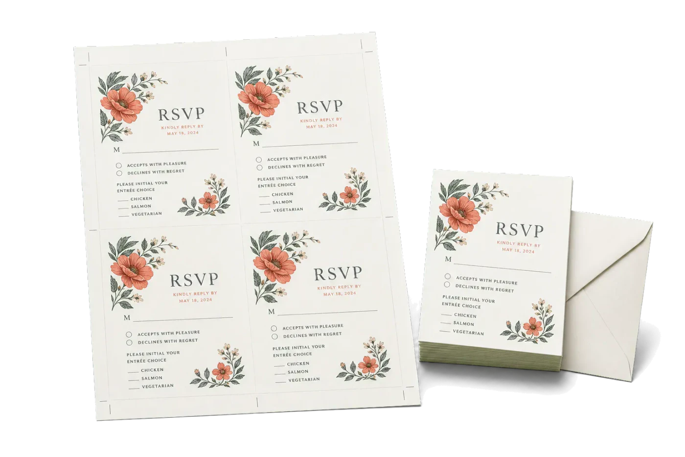 RSVP Cards (4-Up, 3.5×5") realistic print production example